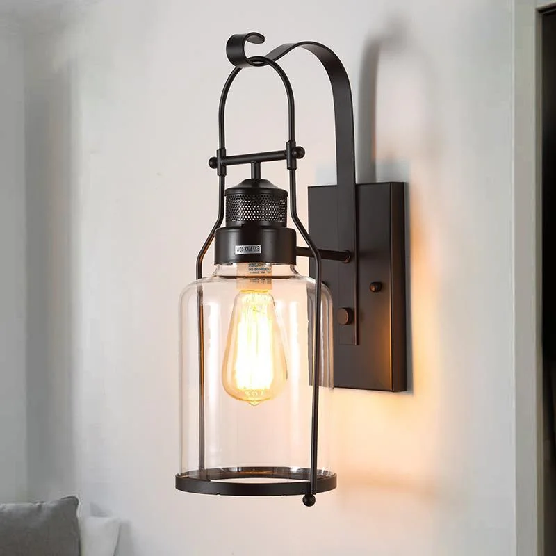 RoyaleGlow Rustic Industrial Outdoor Wall Sconce - Metal & Clear Glass Jar Lantern