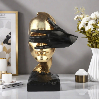 RoyaleGlow Abstract Gold & Black Silence Face Sculpture - Modern Resin Art Decor