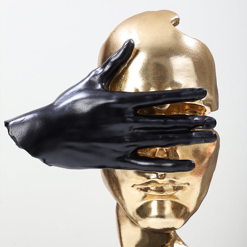 RoyaleGlow Abstract Gold & Black Silence Face Sculpture - Modern Resin Art Decor