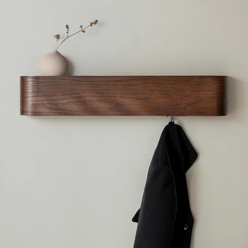 LuxRoyale Floating Oak Wall Shelf & Coat Rack with Concealed Hooks