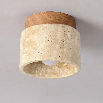 RoyaleGlow Japandi Travertine Wood LED Flush Mount Ceiling Light - Modern Minimalist