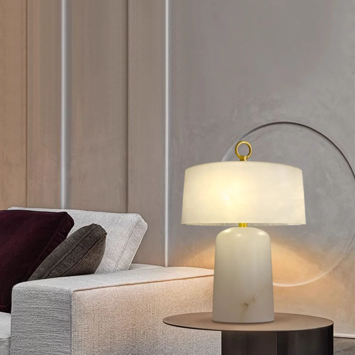 LuxRoyale Alabaster & Brass LED Table Lamp with Drum Shade & Ring Finial