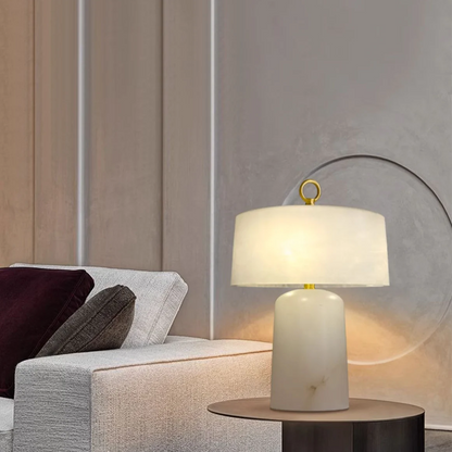 LuxRoyale Alabaster & Brass LED Table Lamp with Drum Shade & Ring Finial