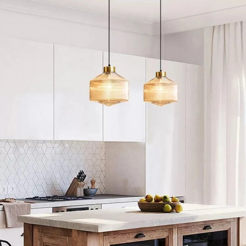 RoyaleGlow Modern Ribbed Glass Pendant Light with Brass Finish for Kitchen Island & Dining