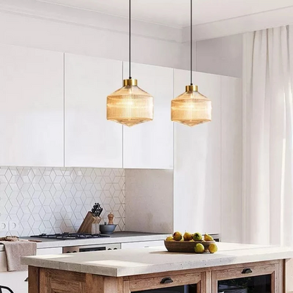 RoyaleGlow Modern Ribbed Glass Pendant Light with Brass Finish for Kitchen Island & Dining