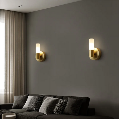 LuxRoyale Etched Glass Cylinder Shade Brass Wall Lamp