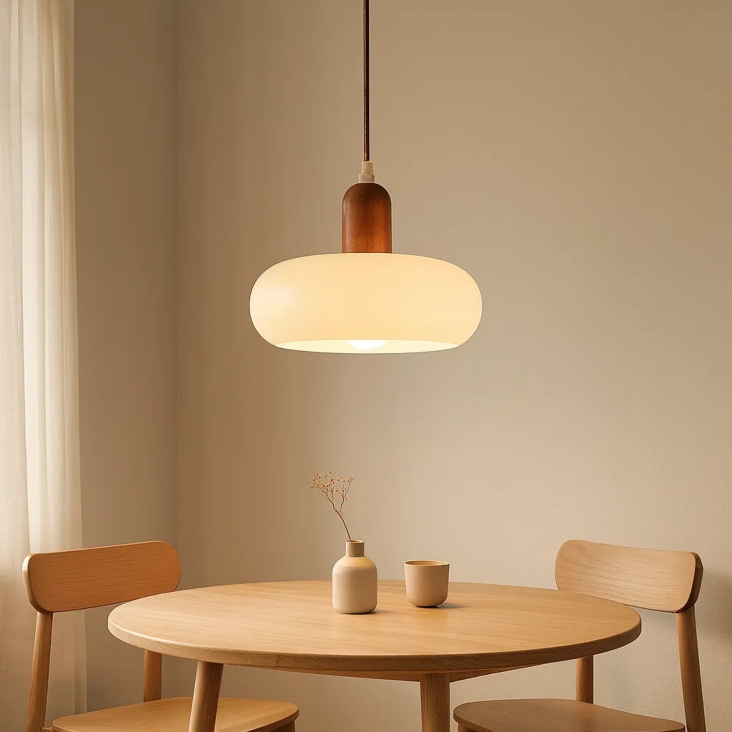 RoyaleGlow Nordic Minimalist Glass Pendant Light with Wood Accent for Dining