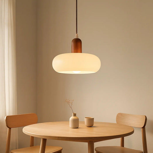 RoyaleGlow Nordic Minimalist Glass Pendant Light with Wood Accent for Dining
