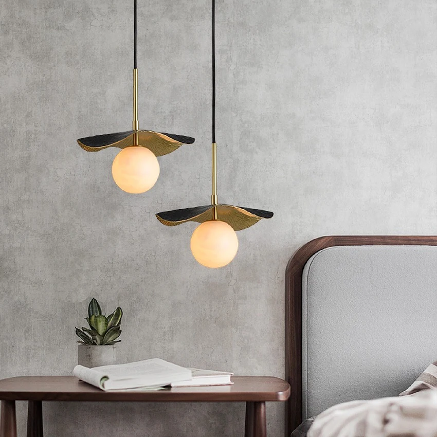 LuxRoyale Modern Alabaster Pendant Light - Copper Leaf Hanging Lamp Fixture