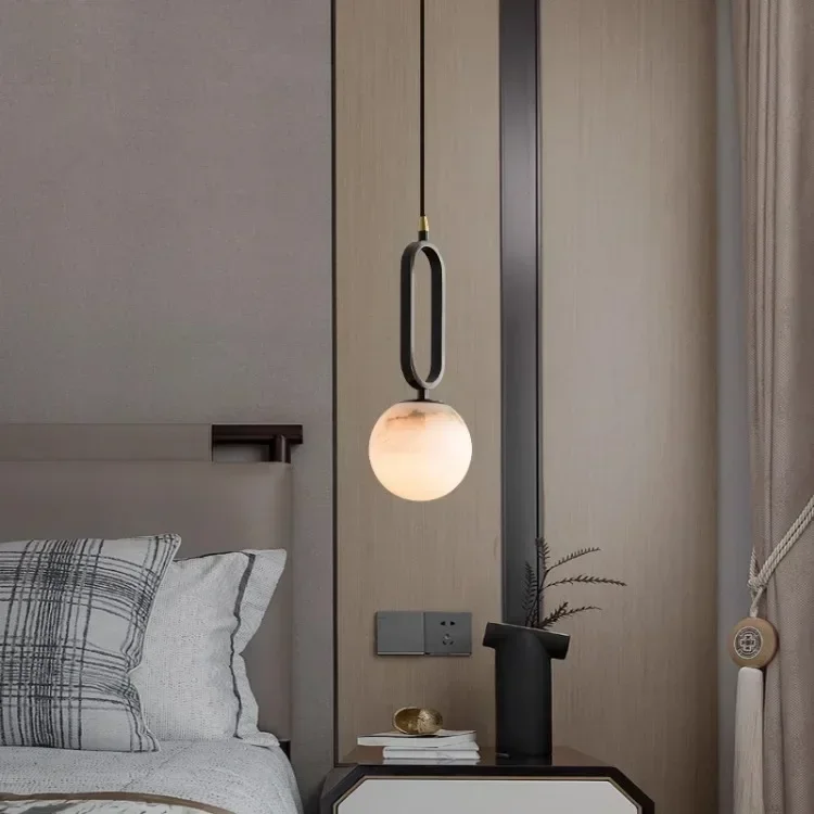 RoyaleGlow Alabaster Globe Pendant Light with Matte Black Loop Frame