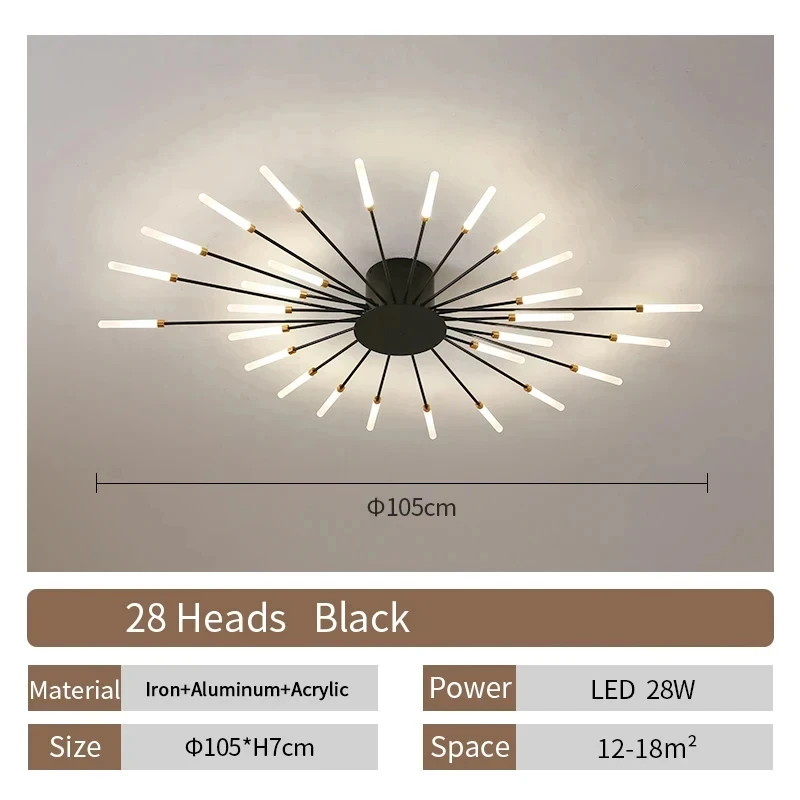 LuxRoyale Modern Sputnik LED Ceiling Light - Minimalist Black & Gold Radial Fixture