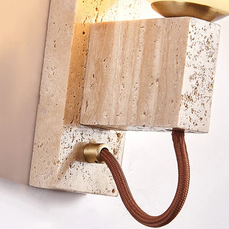 Royelux Natural Travertine Stone Globe Plug-In Wall Sconce Lighting Fixture