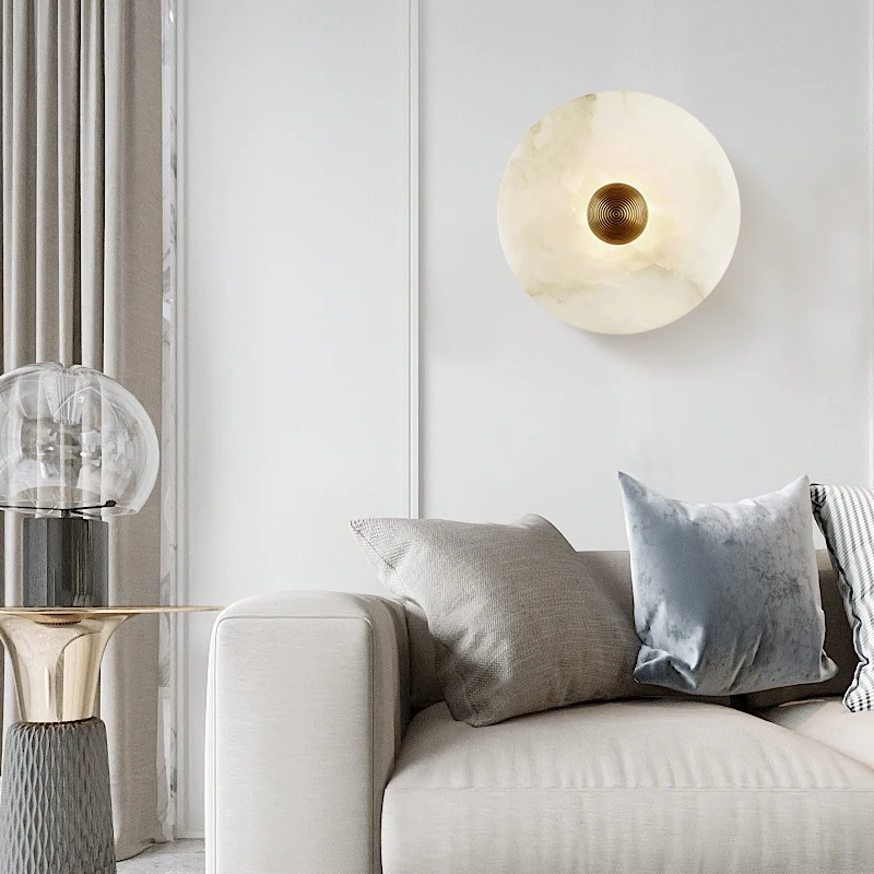 LuxRoyale Round Alabaster Wall Lamp With Fluted Brass Center And Hidden LED Glow