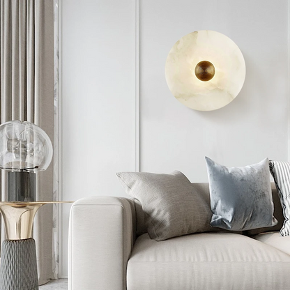 LuxRoyale Round Alabaster Wall Lamp With Fluted Brass Center And Hidden LED Glow