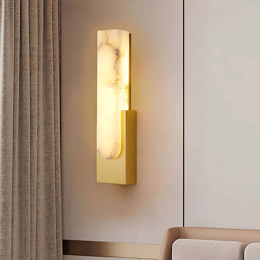 LuxRoyale Alabaster Wall Lamp With Veined Alabaster Shade And Brass Finish Modern Wall Sconce