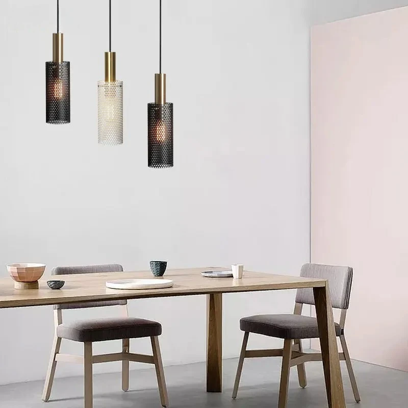 LuxRoyale Bedroom Pendant Light: Cylindrical Black Shade with Decorative Hollow Mesh, Adjustable Height