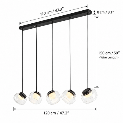 Royelux Modern Linear Chandelier Glass & Metal Pendant Light - Remote Dimmable LED Kitchen Island Fixture