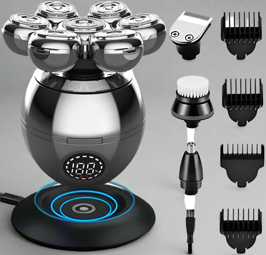Wireless Electric Head Shaver – 7D Floating Blade Rotary Razor with LED Display & Waterproof Design for Smooth Shaving