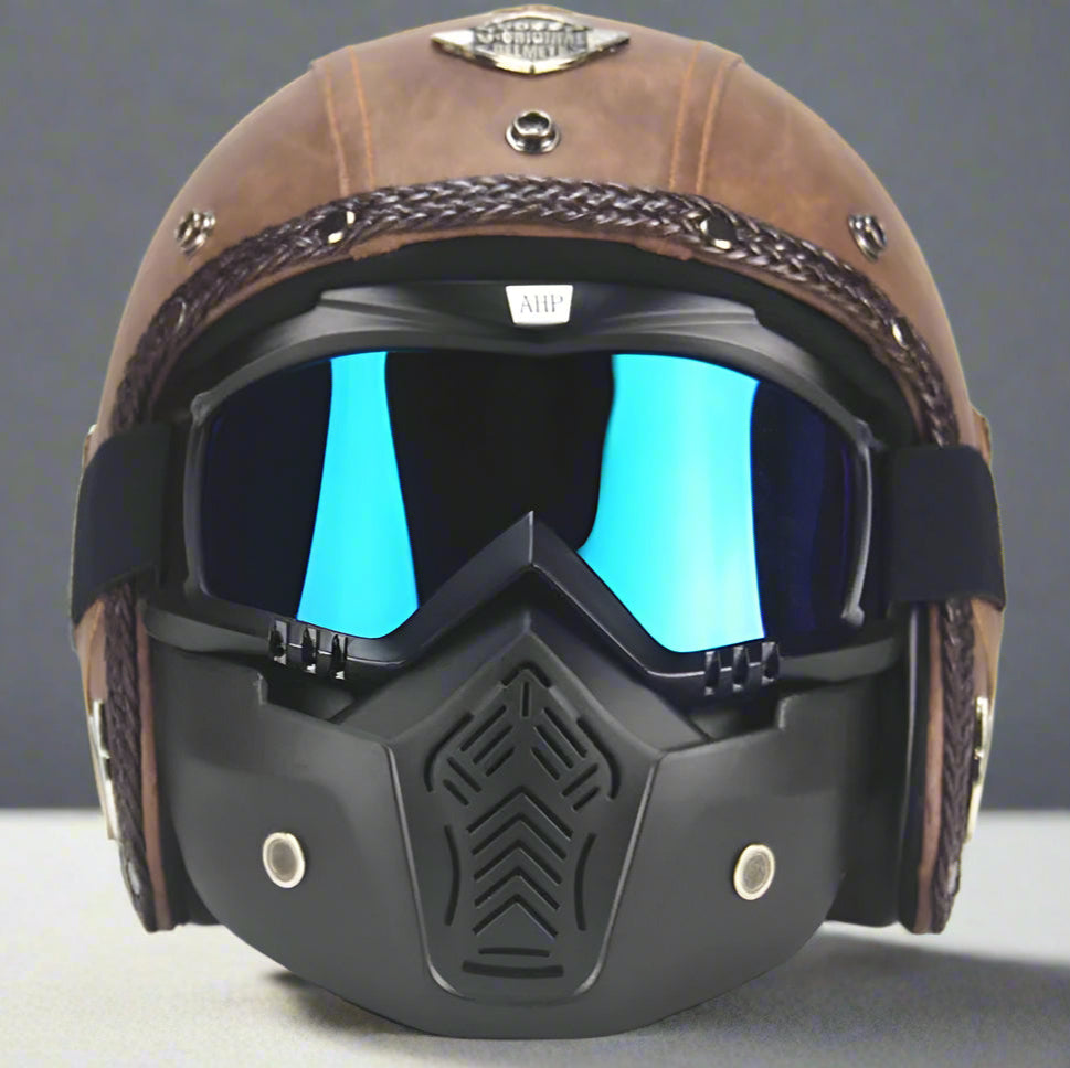 Royaleva Retro Vintage Motorcycle Helmet Open Face With Goggle Mask