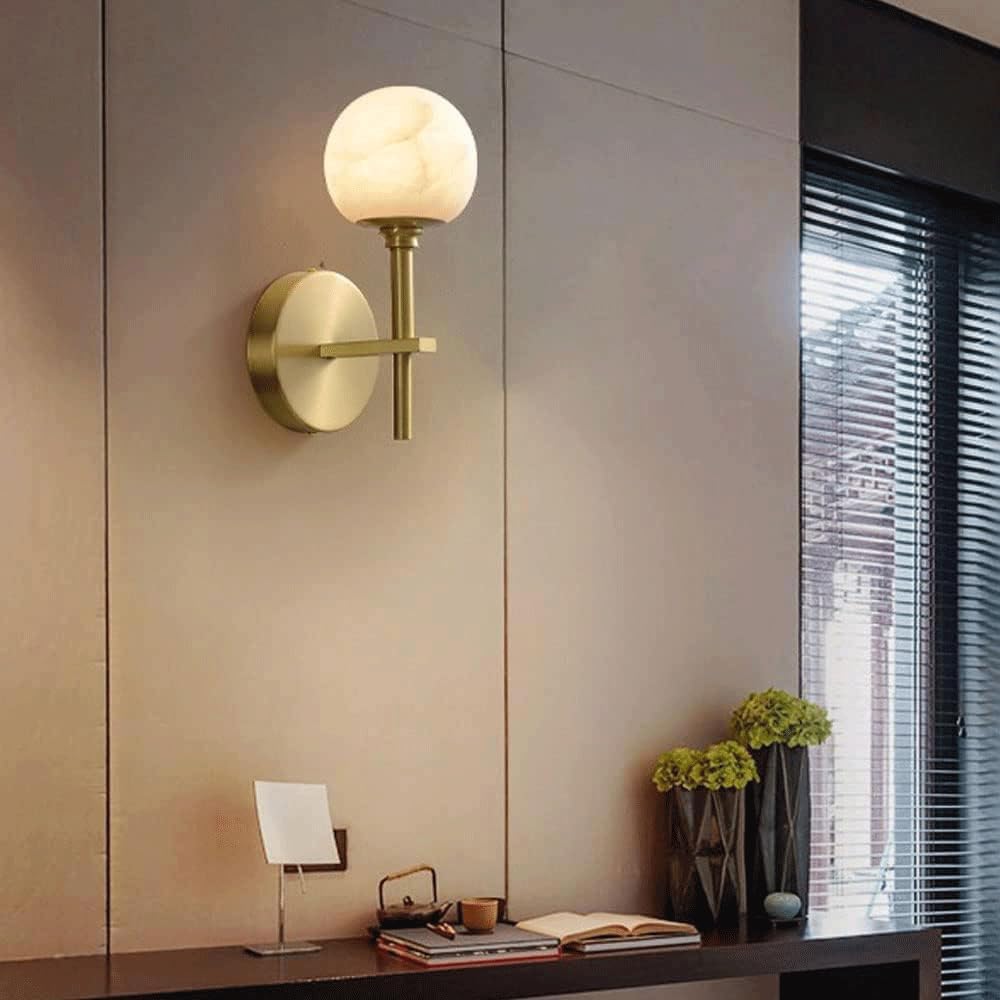 Royelux Modern Brass & Alabaster Globe Wall Sconce for Bedroom & Living Room.