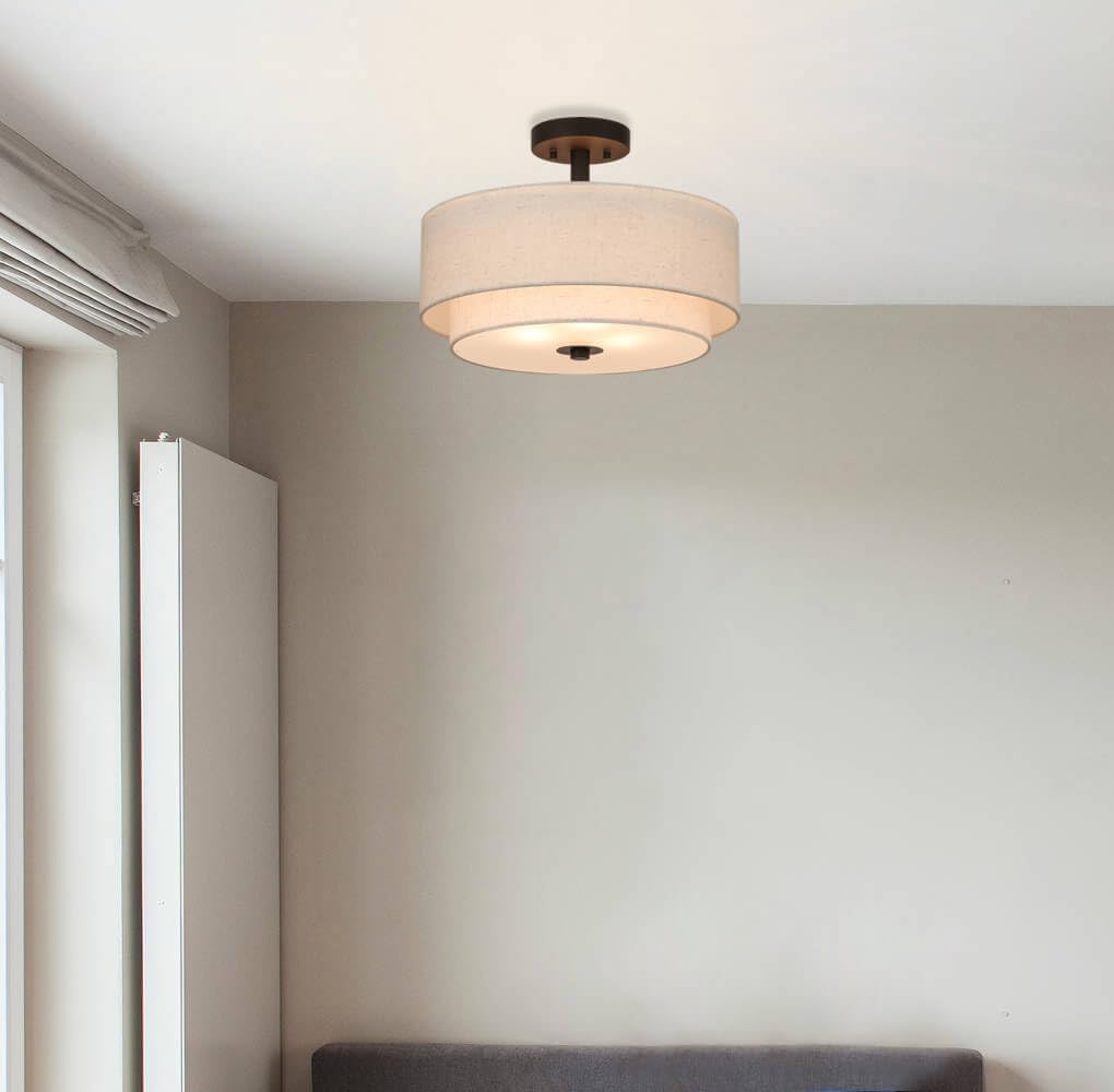 RoyaleGlow Modern Double-Tier Fabric Drum Flush Mount Ceiling Light