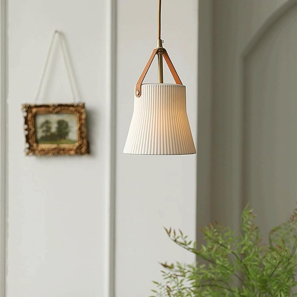 RoyaleGlow Nordic Ridged Ceramic Pendant Light with Faux Leather Strap