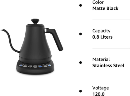 RoyaleGlow Electric Gooseneck Kettle with Temperature Control