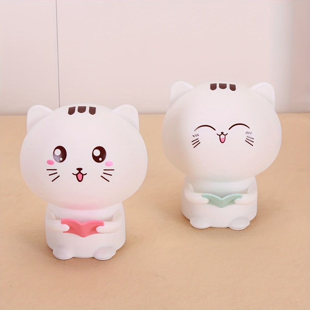 Kawaii Night Light - Cute Reading Kitty Silicone Lamp with 7 Color Changing Modes & USB Rechargeable Battery - Pink