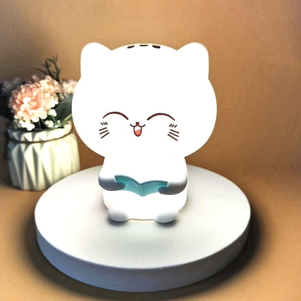 Kawaii Night Light - Cute Reading Kitty Silicone Lamp with 7 Color Changing Modes & USB Rechargeable Battery - Blue