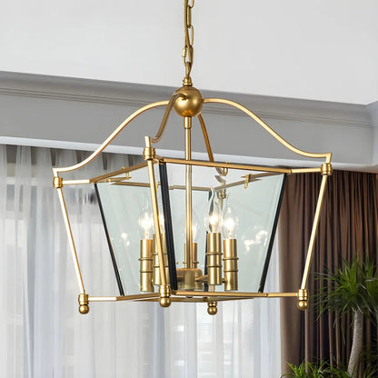 LuxRoyale Vintage Brass & Glass Pendant Light - 4-Light Frame Chandelier
