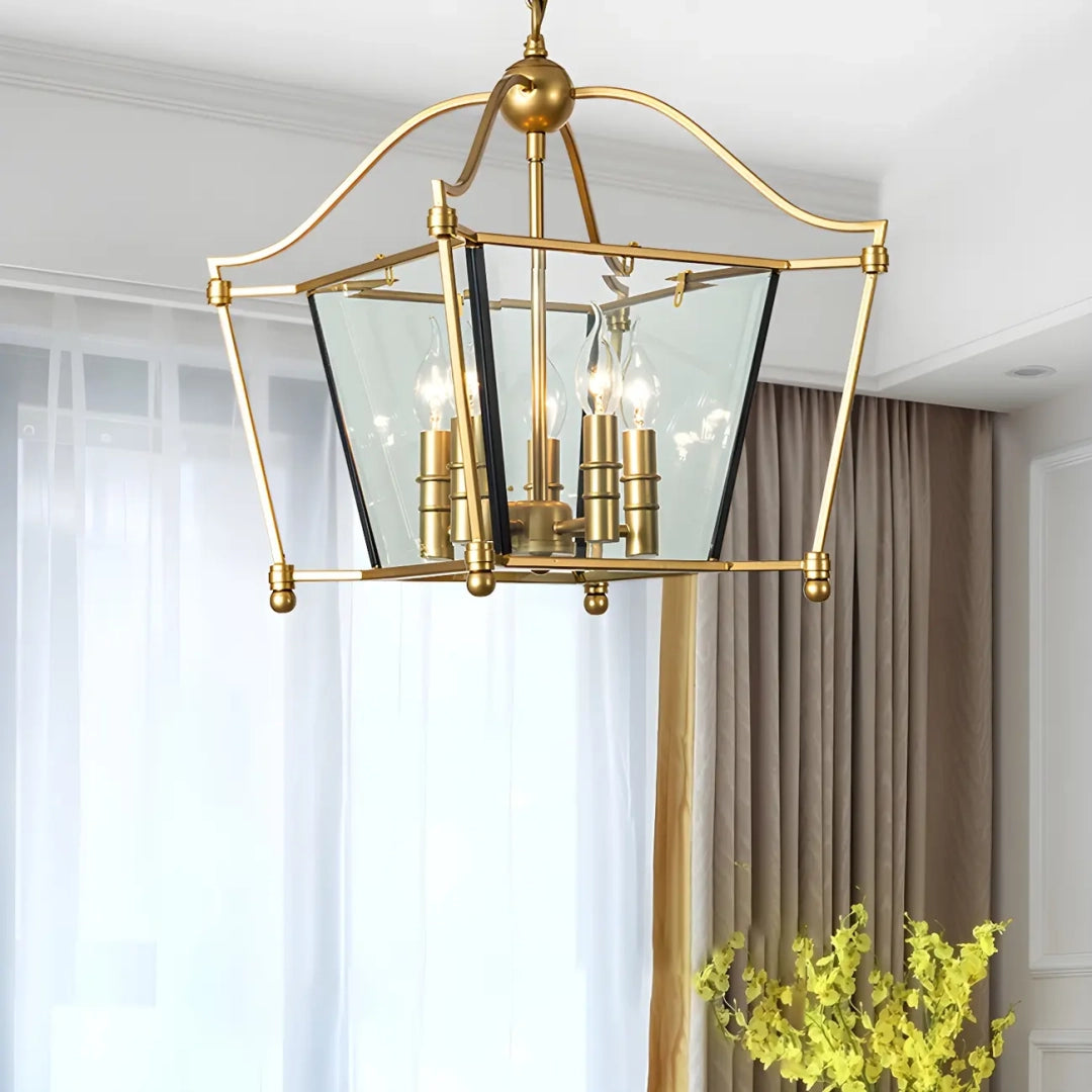 LuxRoyale Vintage Brass & Glass Pendant Light - 4-Light Frame Chandelier