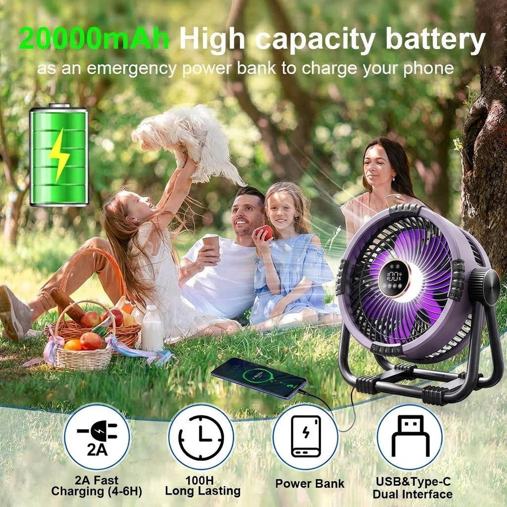 RoyaleGlow Portable Camping Fan with LED Light, 20000mAh Battery & Remote Control
