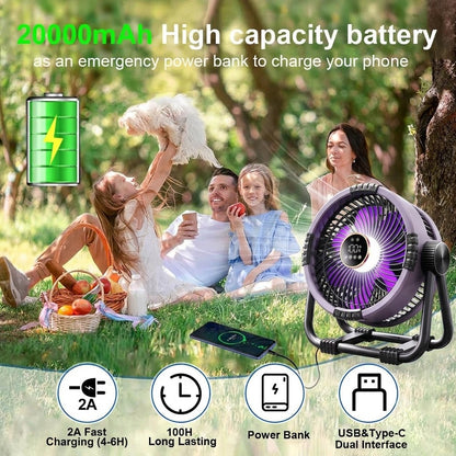 RoyaleGlow Portable Camping Fan with LED Light, 20000mAh Battery & Remote Control