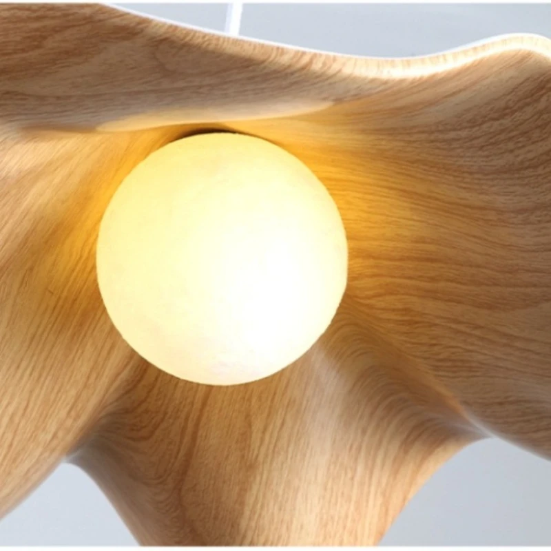 LuxRoyale Petal Wave Organic LED Pendant Light Lotus-Inspired Wood-Texture for Japandi Bedroom and Dining Room