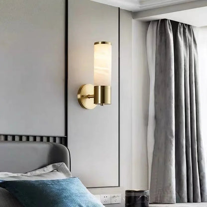 RoyaleGlow Art Deco Alabaster Sconce - Antique Brass Cylindrical Wall Lamp