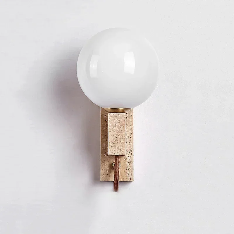 Royelux Natural Travertine Stone Globe Plug-In Wall Sconce Lighting Fixture