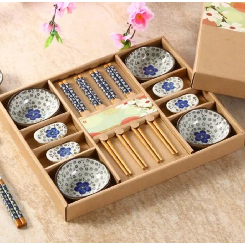 Royelux 12-Piece Japanese Cherry Blossom Ceramic Dinnerware Set with Chopsticks