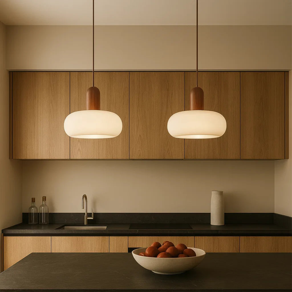 RoyaleGlow Nordic Minimalist Glass Pendant Light with Wood Accent for Dining