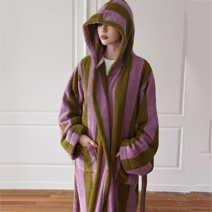 RoyaleGlow Organic Cotton Hooded Bathrobe Thick Striped Spa Robe