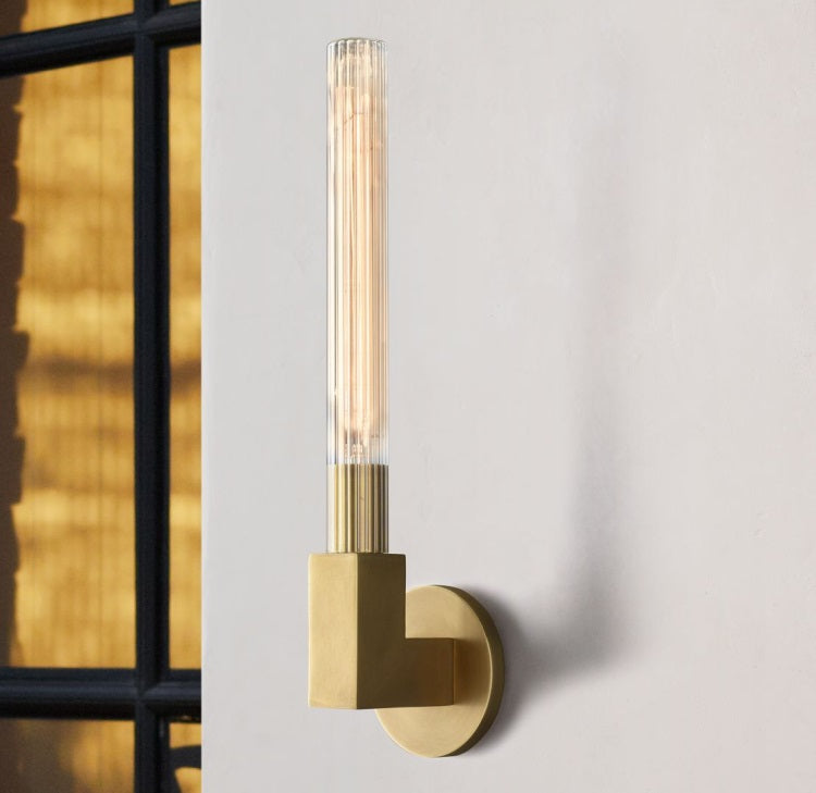 Royelux Modern Brass Outdoor Sconce with Ribbed Glass Cylinder for Entryway