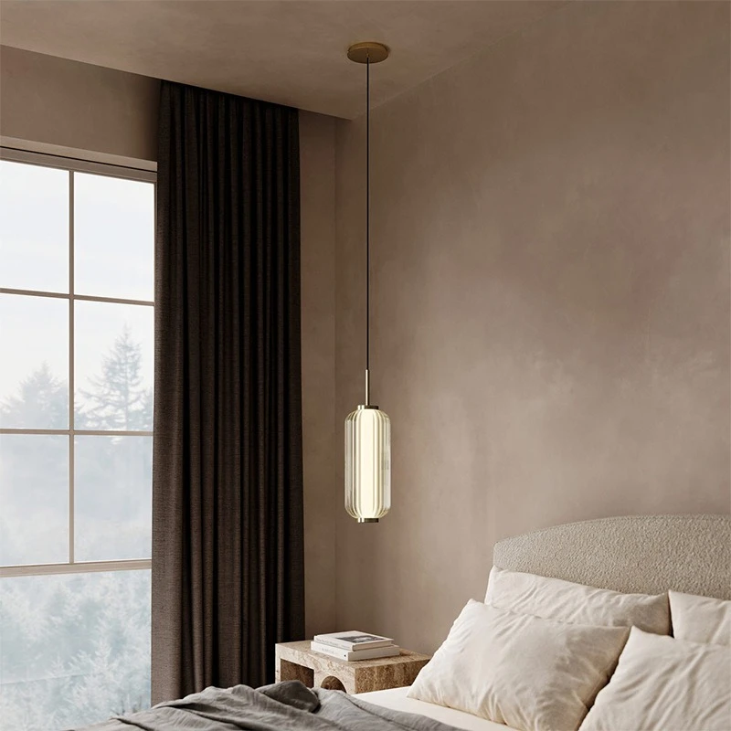 RoyaleGlow Modern Ribbed Glass Pendant Light - Brushed Gold Linear Cylinder Hanging Lamp