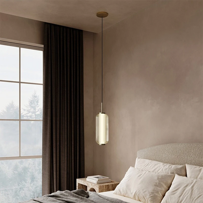 RoyaleGlow Modern Ribbed Glass Pendant Light - Brushed Gold Linear Cylinder Hanging Lamp