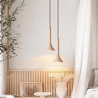 Royelux Travertine Cone Pendant Light with Walnut Wood Accent