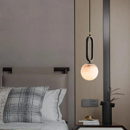 RoyaleGlow Alabaster Globe Pendant Light with Matte Black Loop Frame
