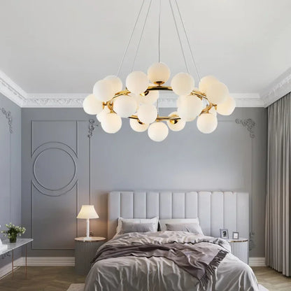 LuxRoyale Modern Gold Chandelier with White Glass Globes for Living Room