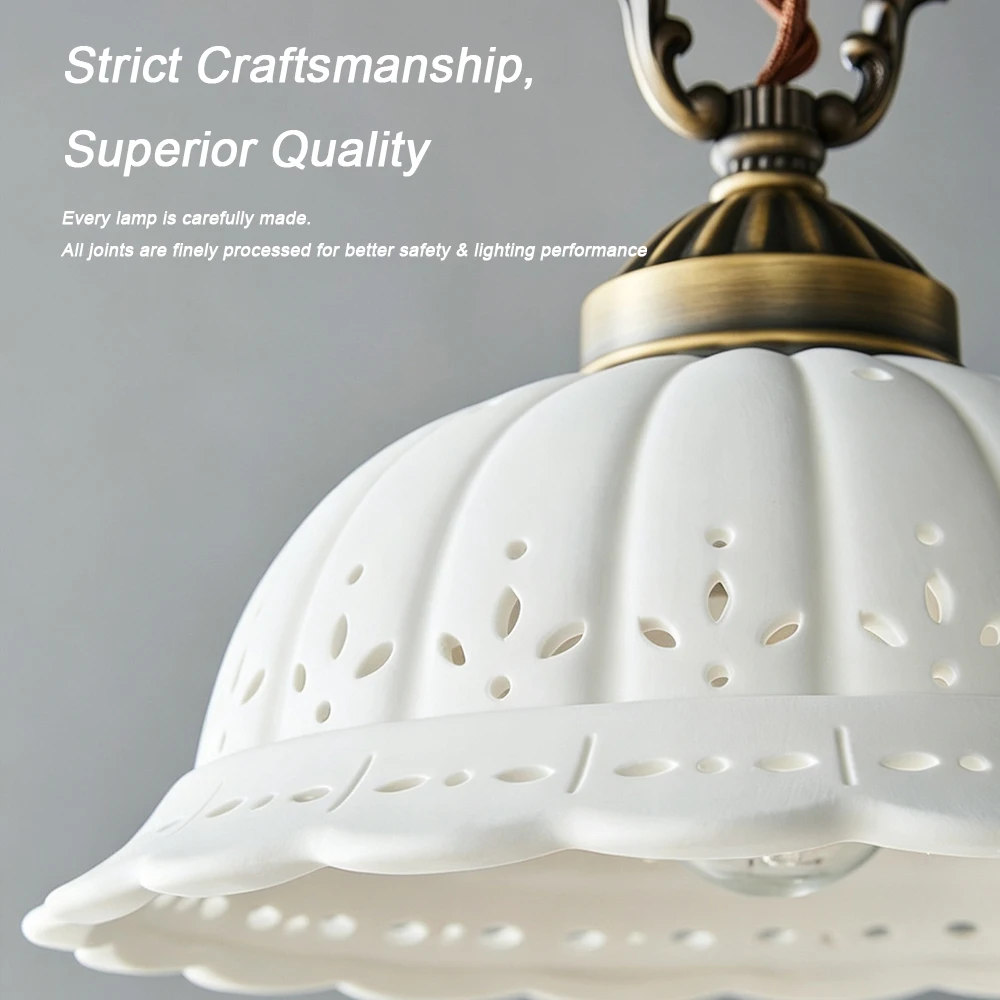 Royelux Vintage Porcelain Bell Pendant Light with Floral Cutouts and Scalloped Rim