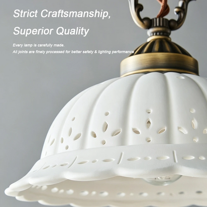 Royelux Vintage Porcelain Bell Pendant Light with Floral Cutouts and Scalloped Rim