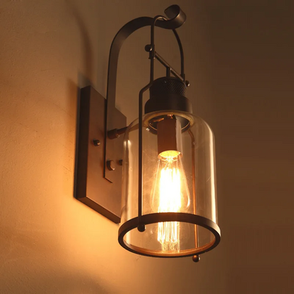 RoyaleGlow Rustic Industrial Outdoor Wall Sconce - Metal & Clear Glass Jar Lantern