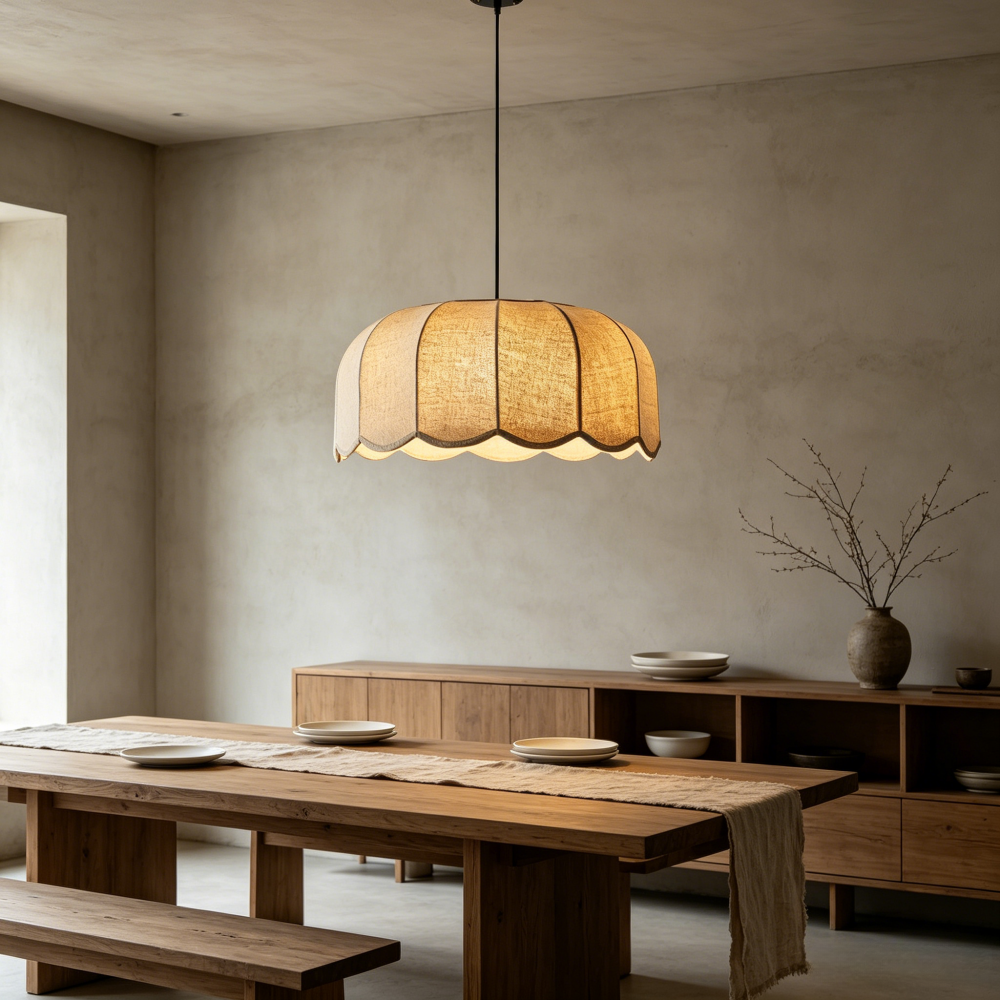 RoyaleGlow Scalloped Fabric Pendant Light-Beige Wavy Lampshade Elegant Hanging Lamp