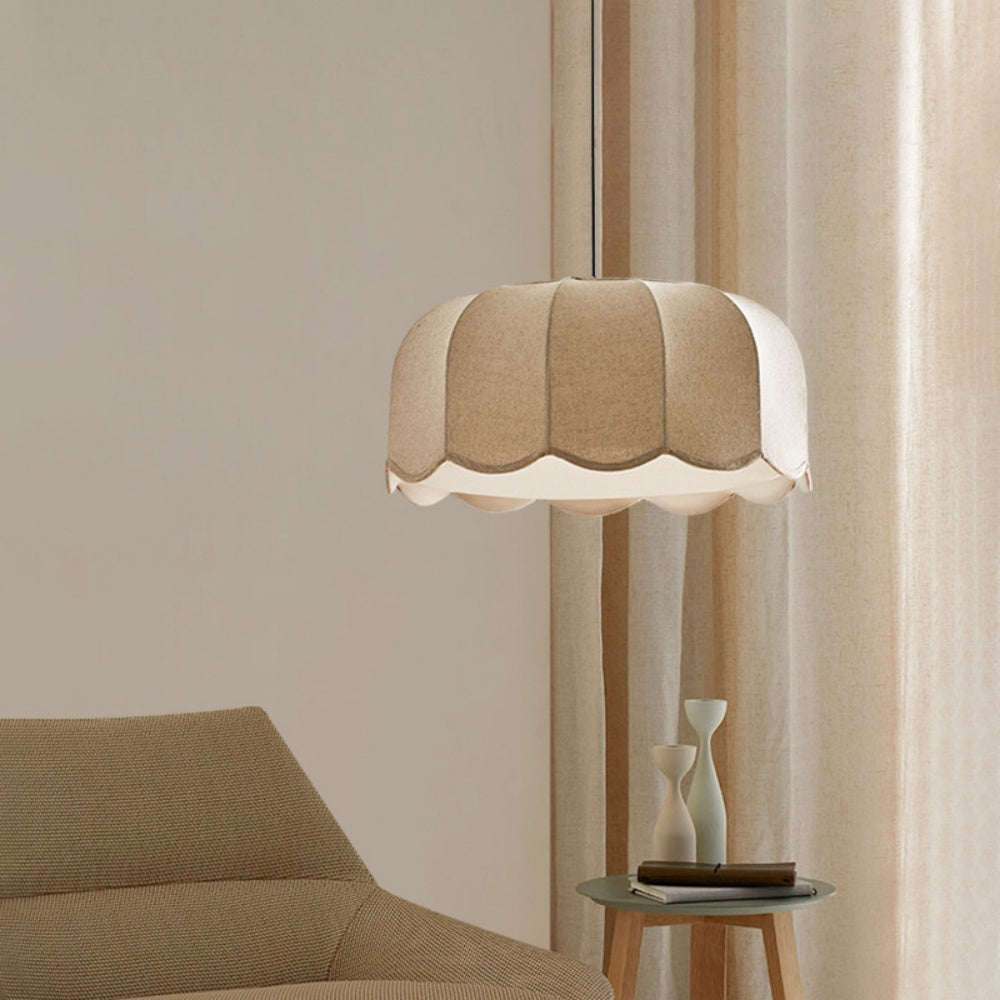 RoyaleGlow Scalloped Fabric Pendant Light-Beige Wavy Lampshade Elegant Hanging Lamp
